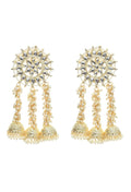 Golden plated Johar Kamal earrings with white Kundan stones and hanging pearls.