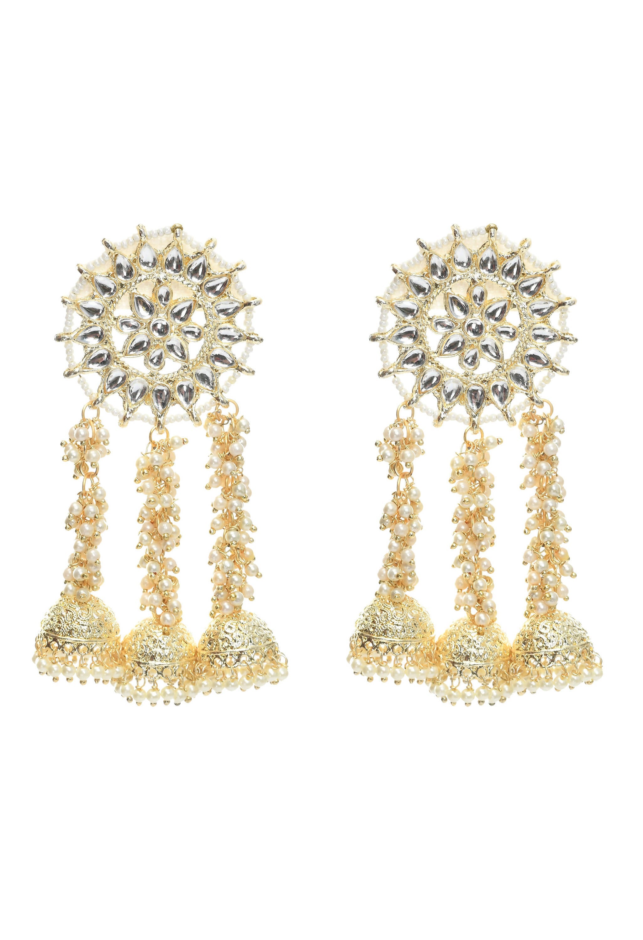 Golden plated Johar Kamal earrings with white Kundan stones and hanging pearls.