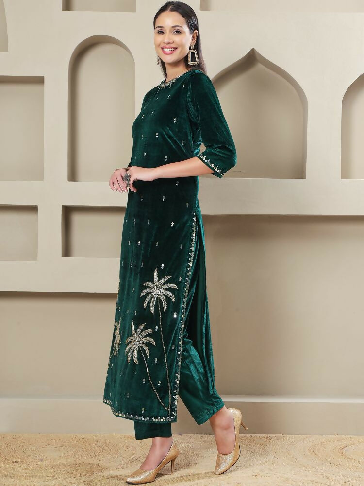 Women's Green Velvet Hand Embellishment Stitched Kurta Pant Set