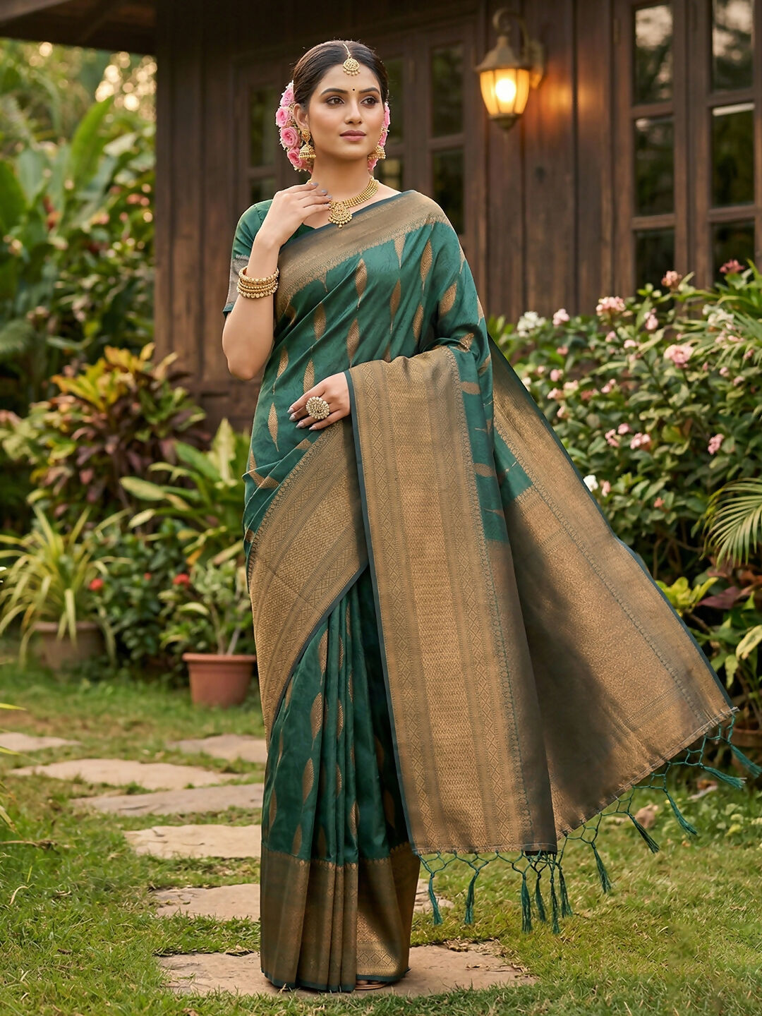 Elegant green silk blend saree with matching blouse piece