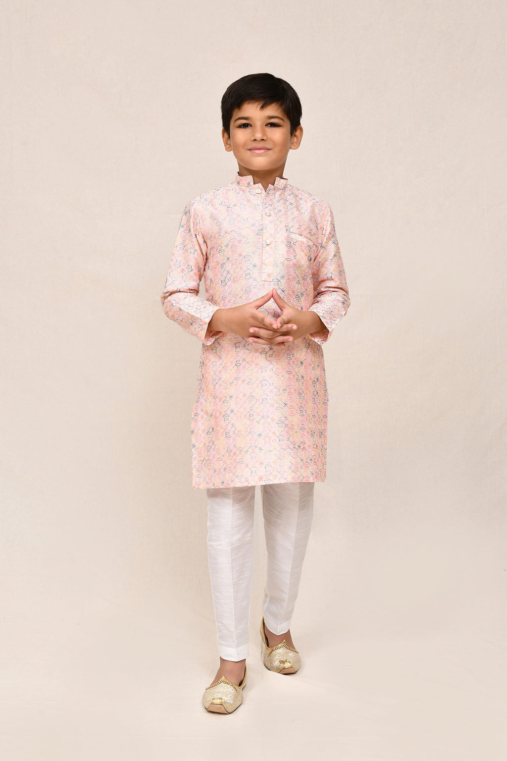 Baby Pink Art Silk Kurta and Straight Fit Pant Set for Kids
