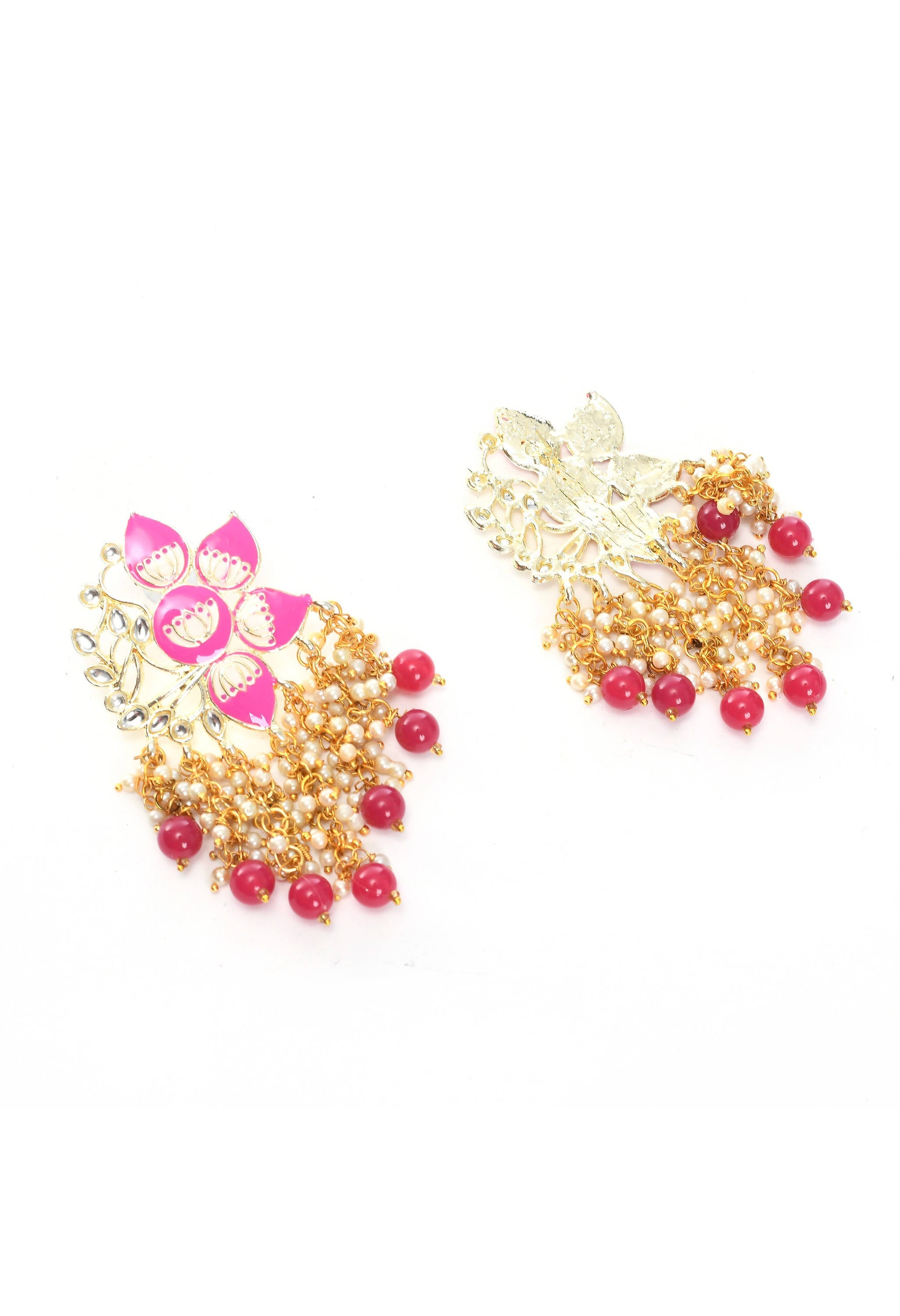Gold-Polished Kundan Pink Meenakari Earrings for Weddings