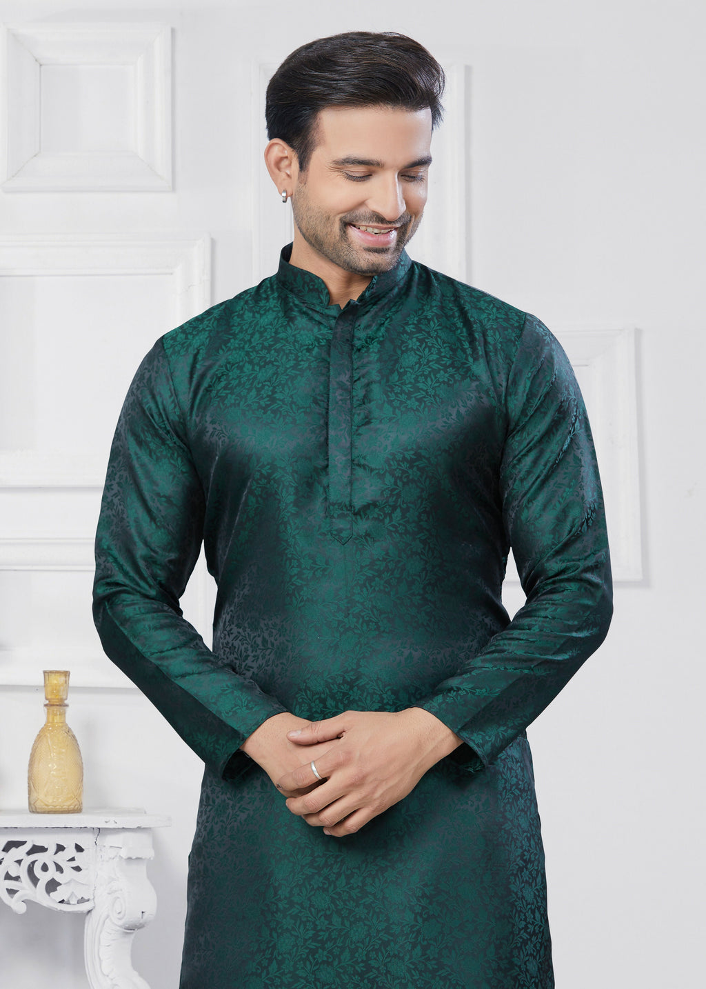 Boys Green Jacquard Silk Printed Kurta Pyjama Festive Set
