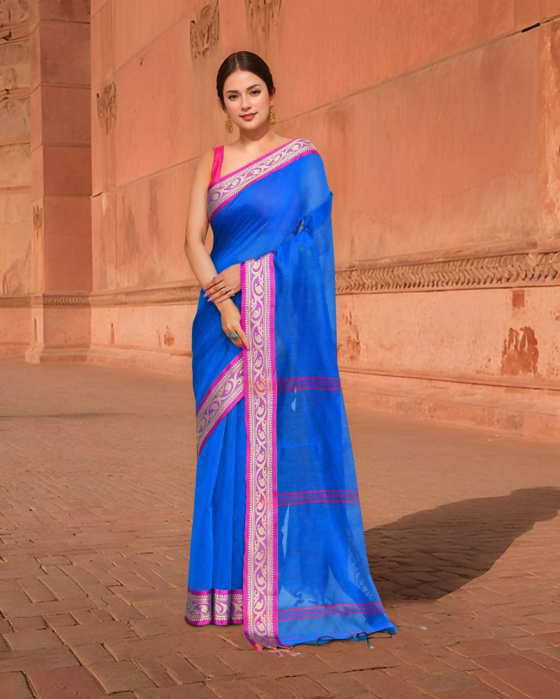 Trendy blue and pink cotton saree for women with matching blouse piece