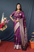 Wine-colored Paithani silk saree with delicate gold Zari woven motifs and matching blouse
