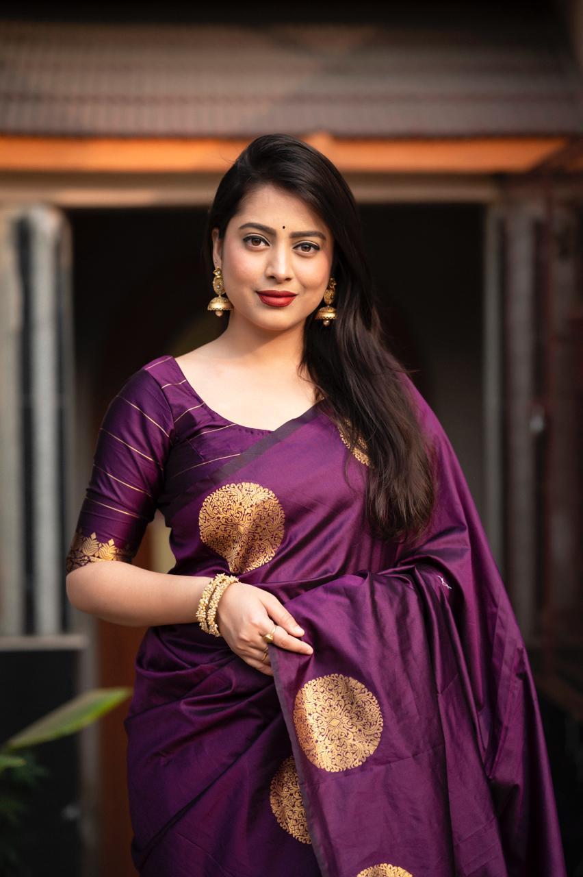 Purple Silk Woven Saree with Zari Butta and Unstitched Blouse