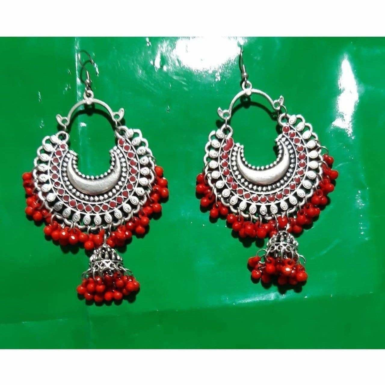 Traditional red pearl Chandbali Jhumka earrings