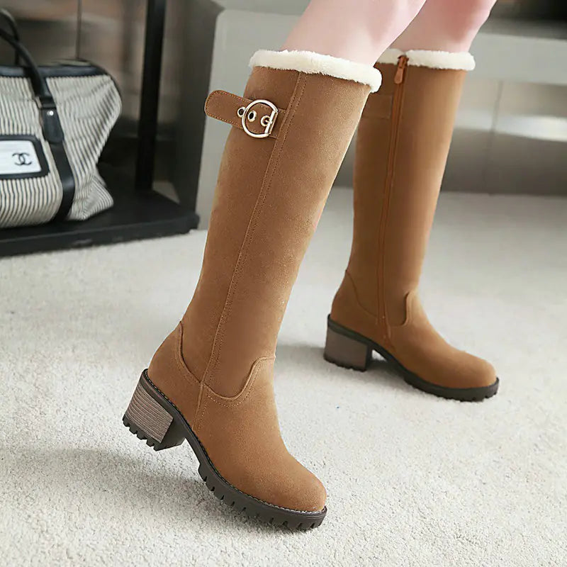 Buckle Embellished Mid-Heel Winter Long Boots