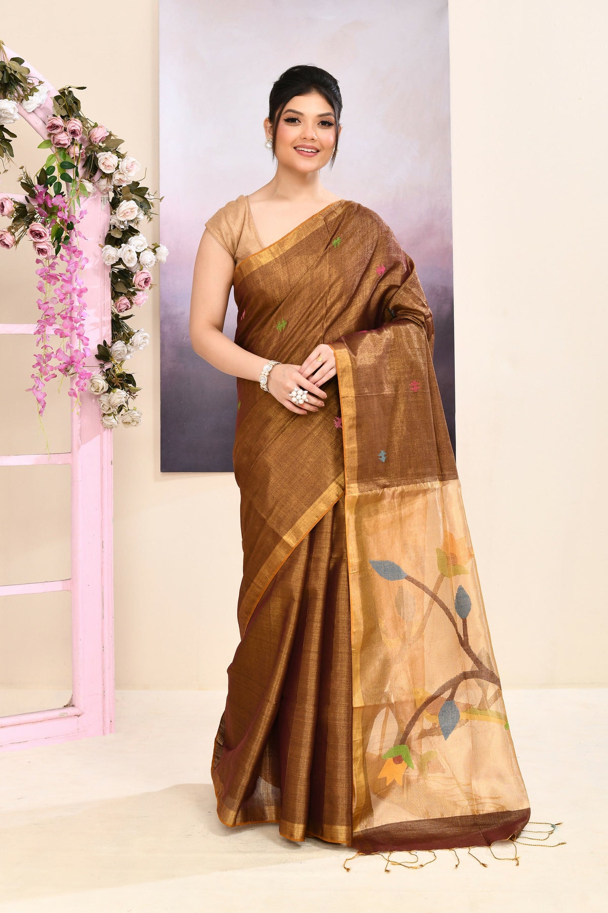 Brown Embellished Tissue Jamdani Saree with Elegant Finish