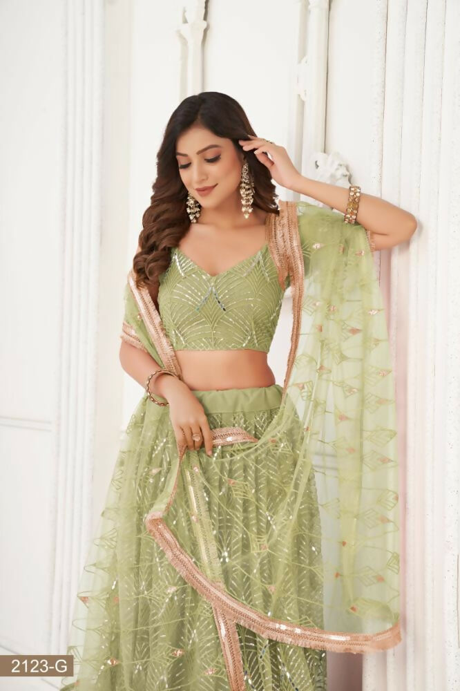 Pista Green Butterfly Net Lehenga with Mirror and Sequence Work