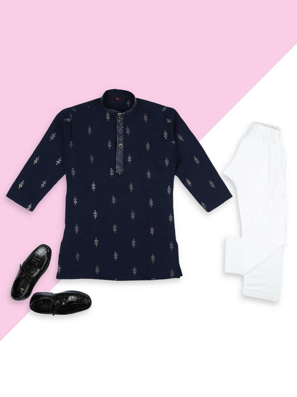 A stylish blue kids kurta and pyjama set with detailed silk sequence embroidery.