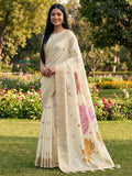 Crisp white linen cotton saree with matching fabric for a blouse