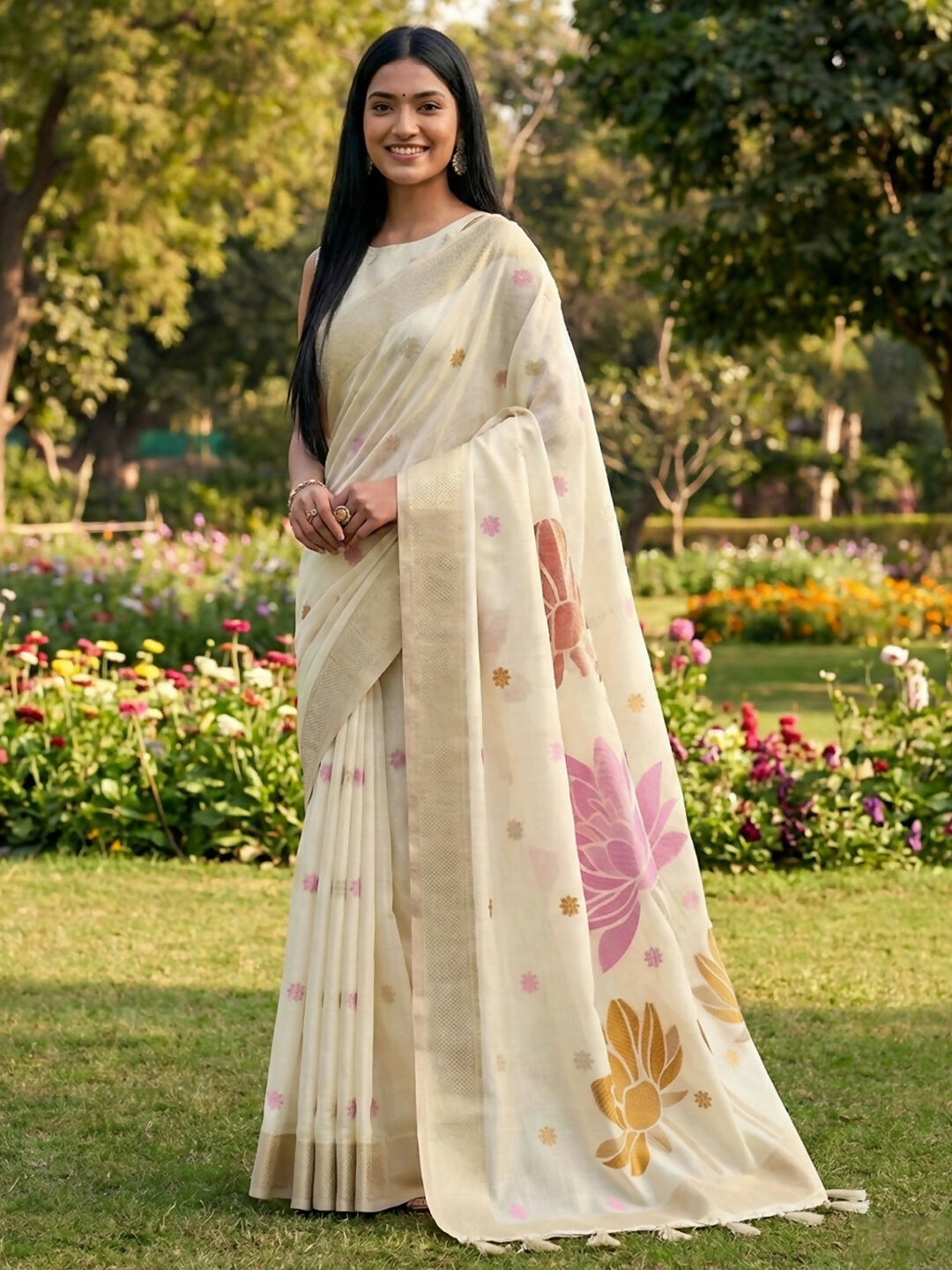 Crisp white linen cotton saree with matching fabric for a blouse
