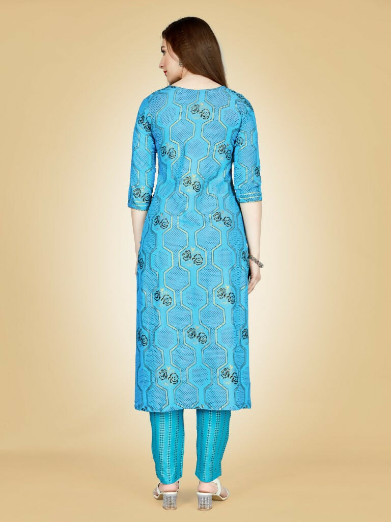 Women's Sky Blue Embroidered Viscose Rayon Kurta Pant Set