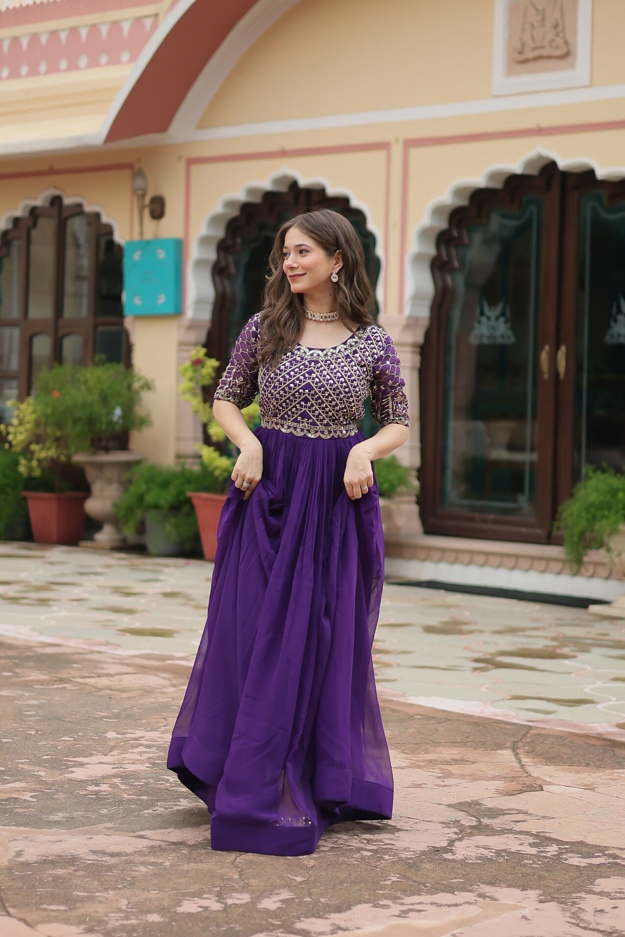 Purple Georgette Gown with Detailed Sequence Embroidery