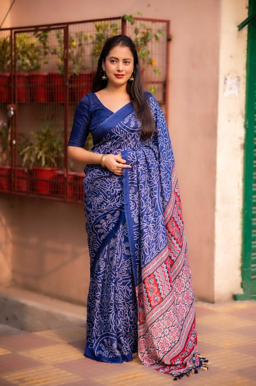 Blue Silk Blend Ajrak Saree with Unstitched Blouse - Hiral Fashion