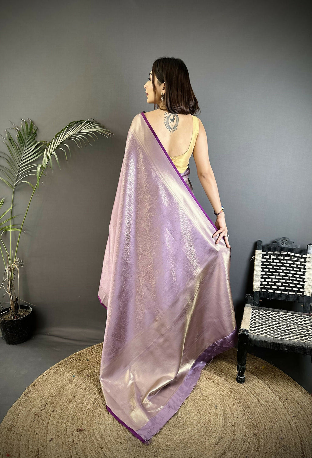 Lavender Floral Motifs Soft Satin Silk Kanchipuram Saree