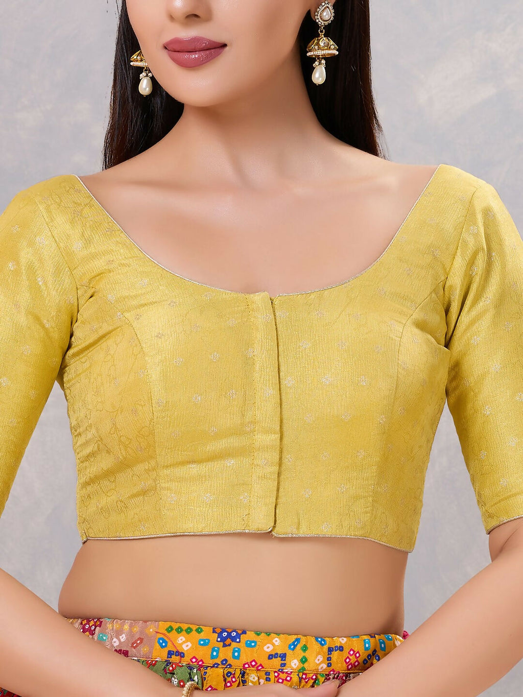 Yellow Silk Round Neck Stitched Blouse