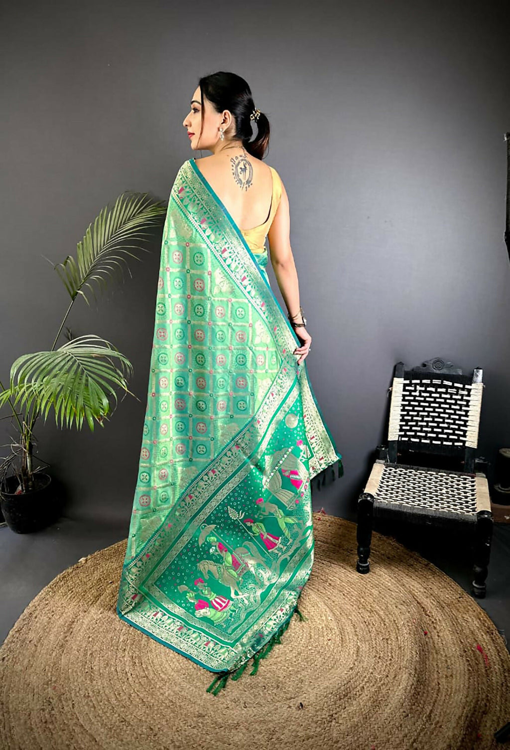Bottle Green Butti Motifs Soft Silk Patola Saree
