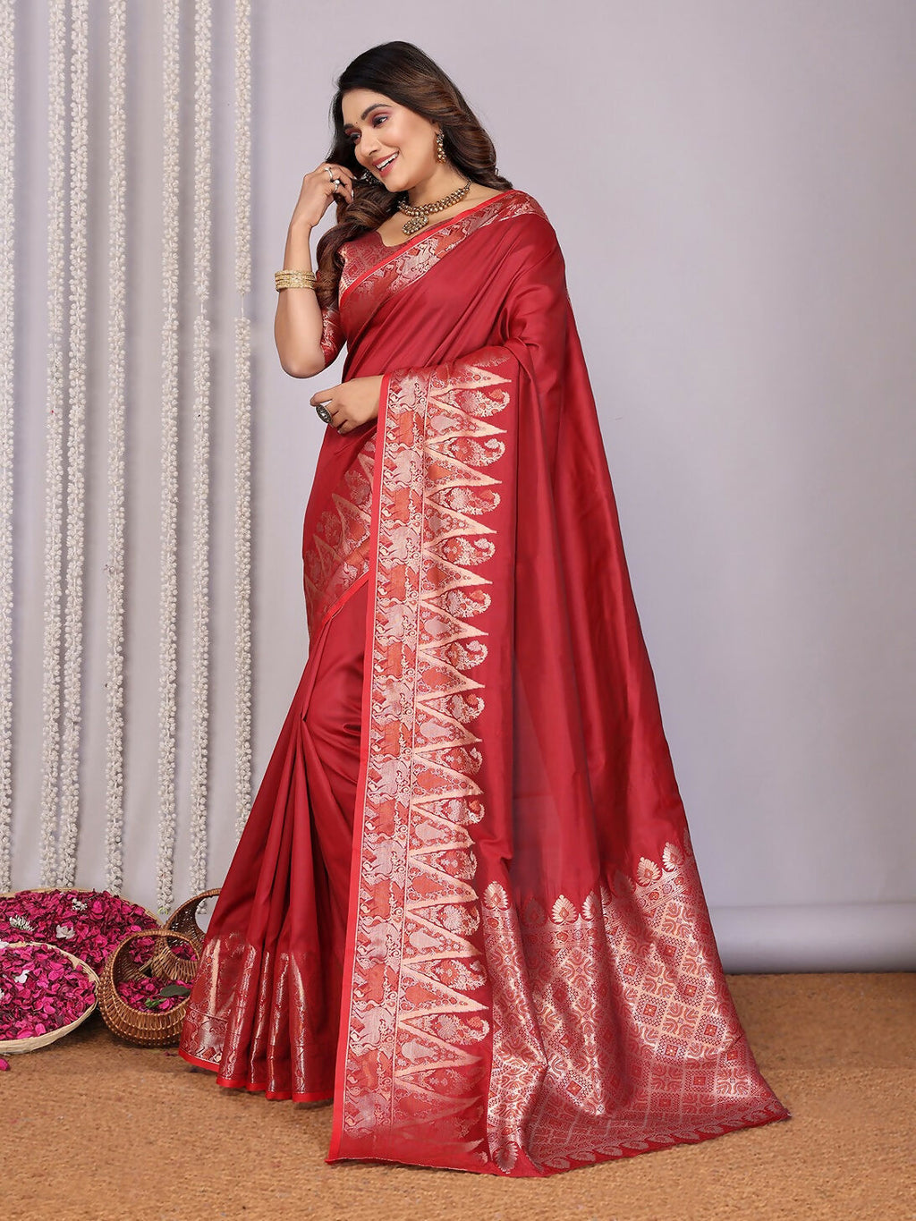 Red Banarasi Jacquard Woven Soft Silk Saree with Blouse Piece