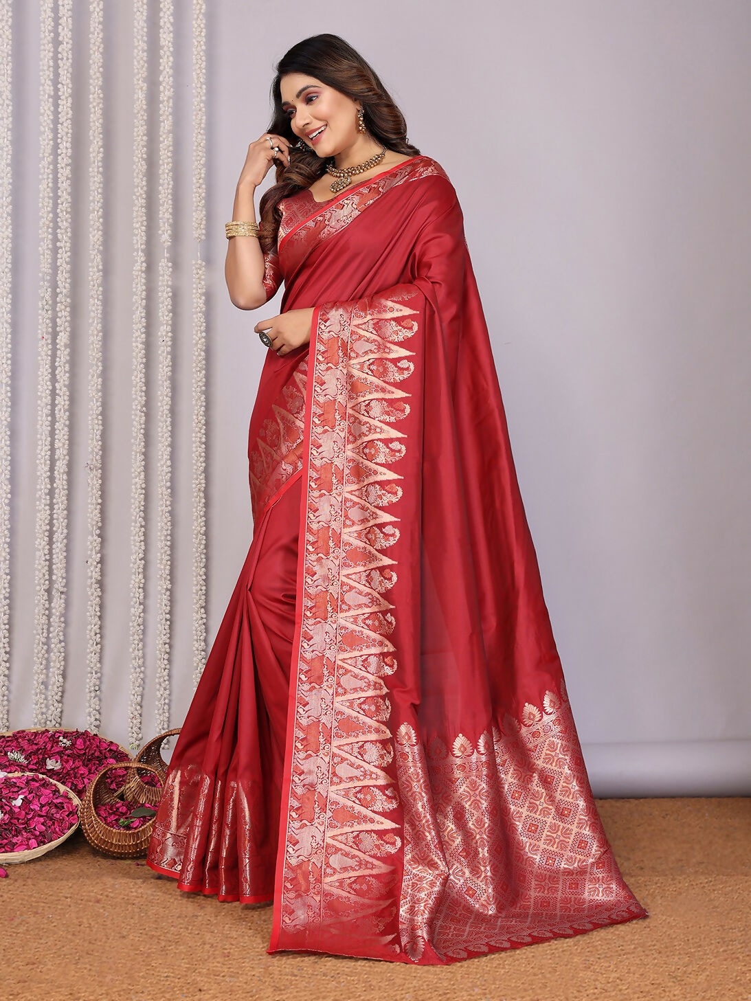 Red Banarasi Jacquard Woven Soft Silk Saree with Blouse Piece