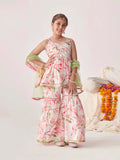 Girl's floral print sharara set with net dupatta in white pink and green