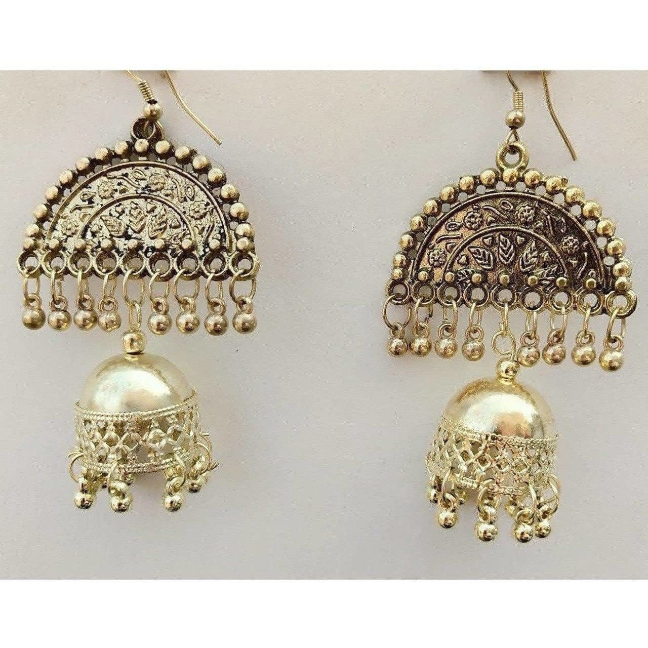 Gold-polished hanging Jhumka earrings with tassel detailing.