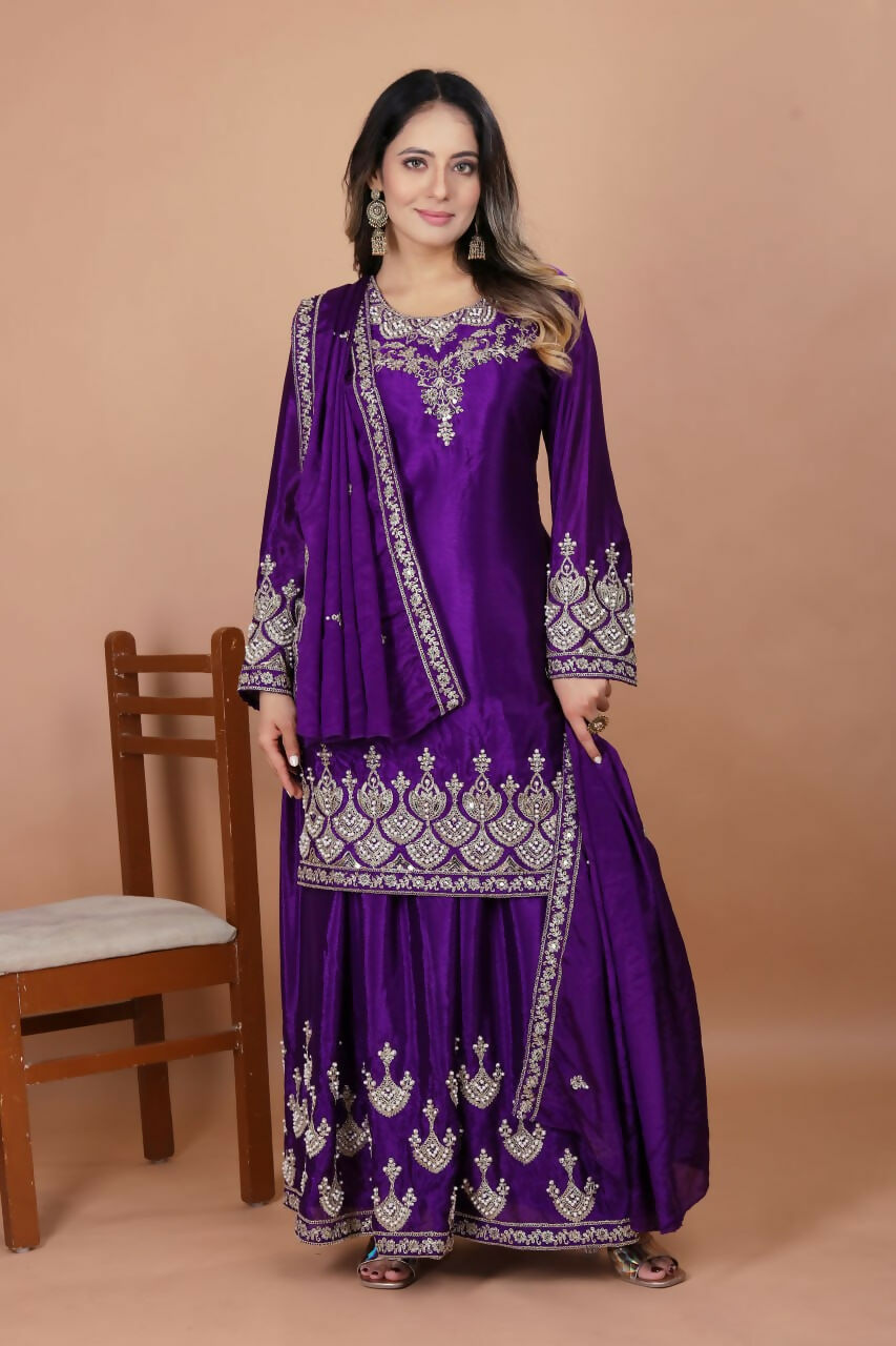 Purple Silk Embroidered Sharara Set with Stitched Kurti