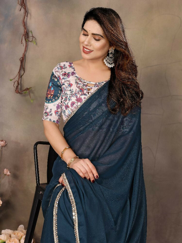 Morpich Star Georgette Saree with Mirror Border and Blouse Piece