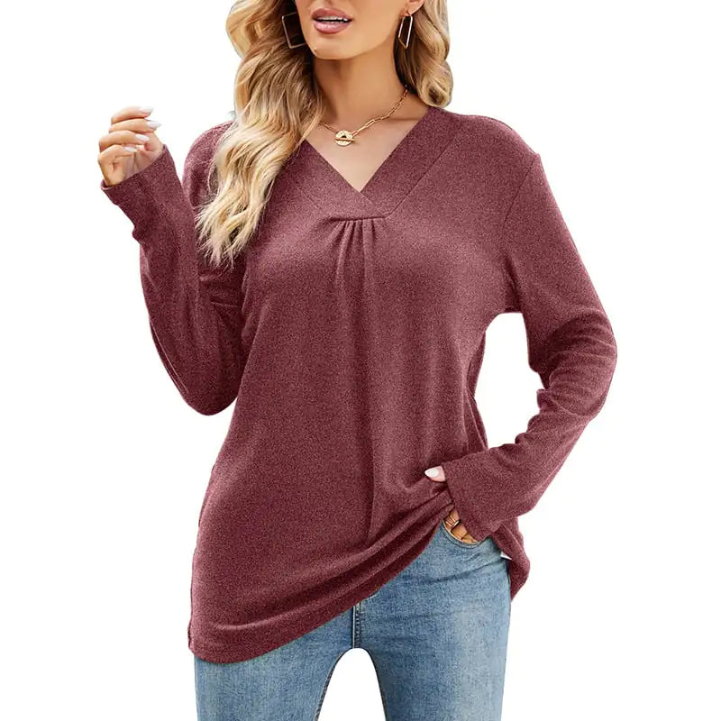 Women's Loose Fit V Neck Long Sleeve T-Shirt in Olive and Blue - Image 16