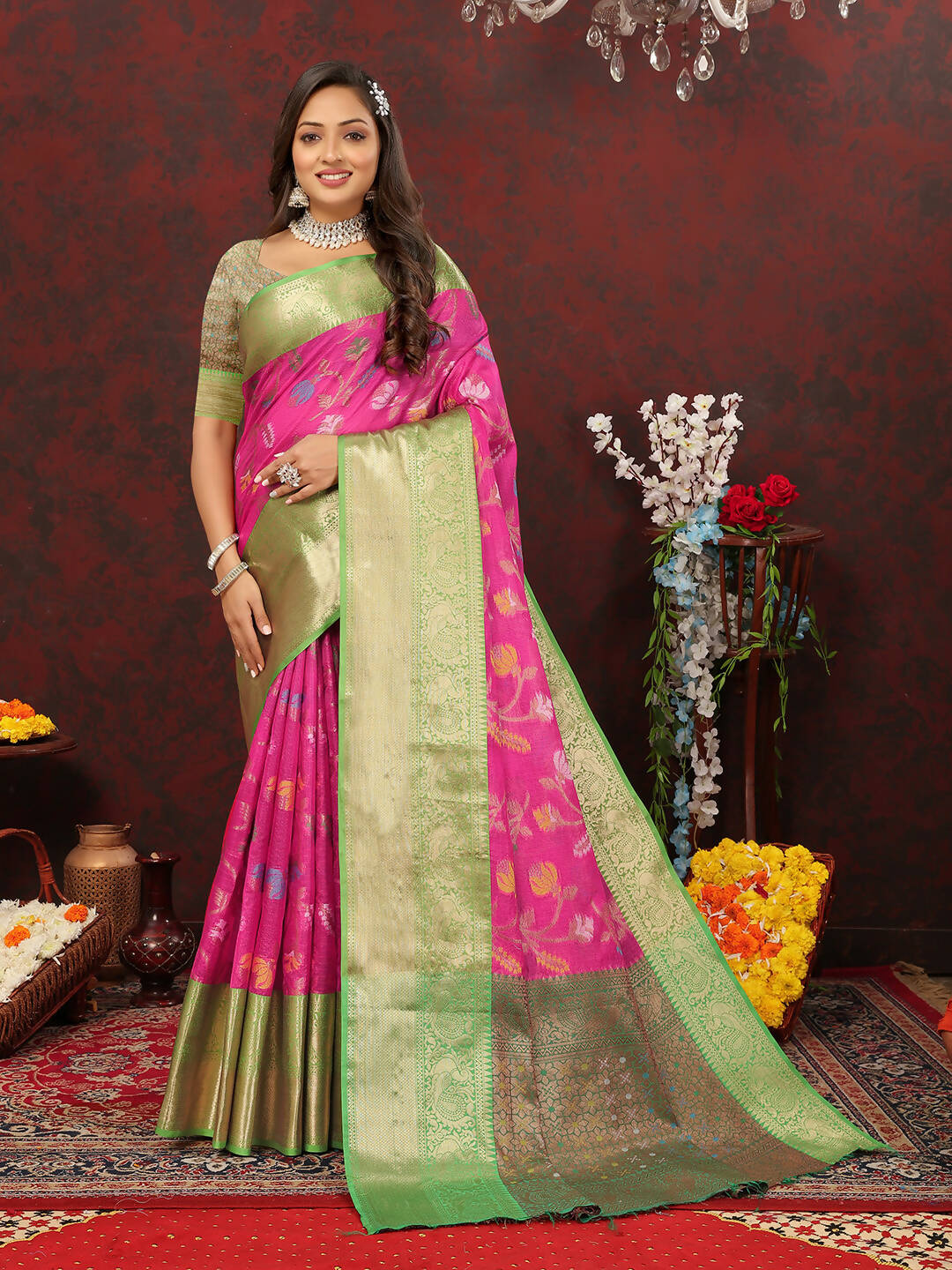 Pink Cotton Saree with Zari Meenakari Woven Design