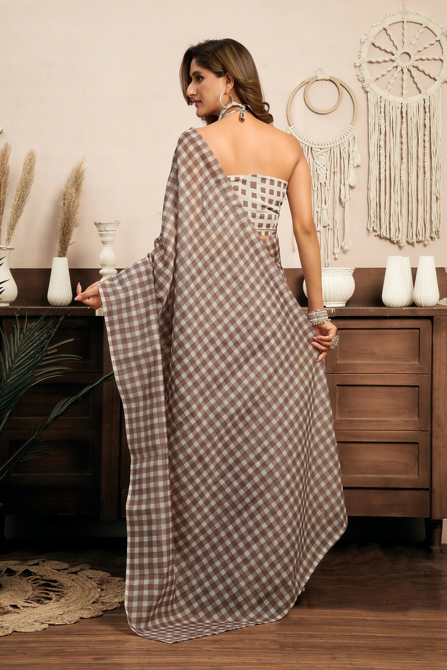 Beige Checked Linen Ready To Wear Saree With Unstitched Blouse