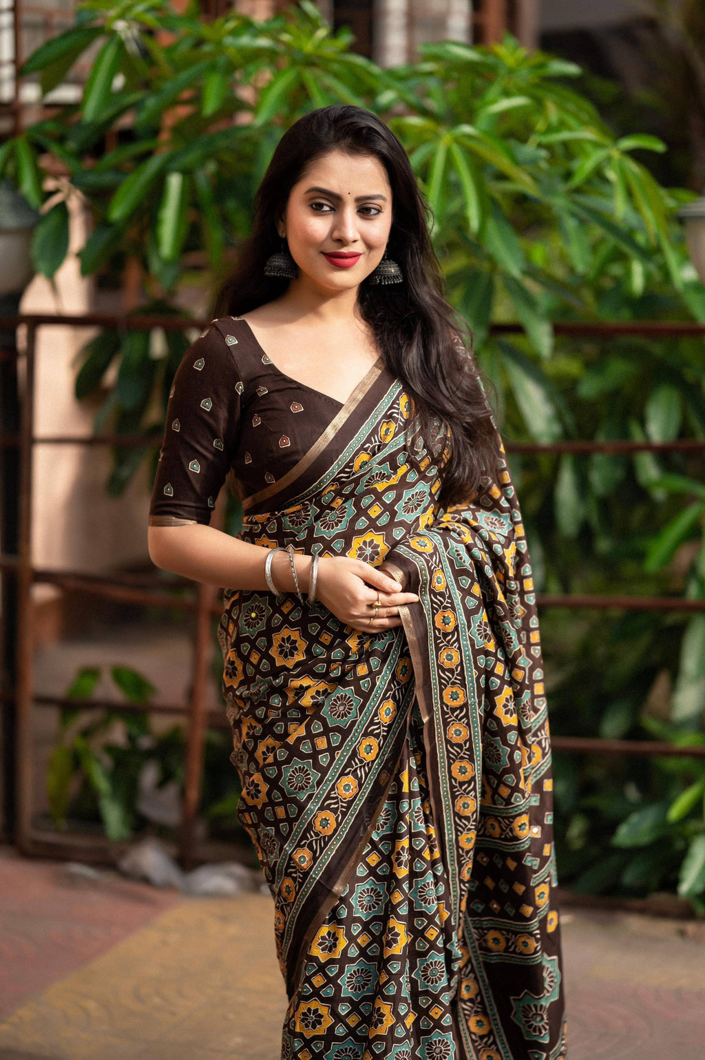 Coffee Cotton Blend Ajrak Saree with Unstitched Blouse Piece