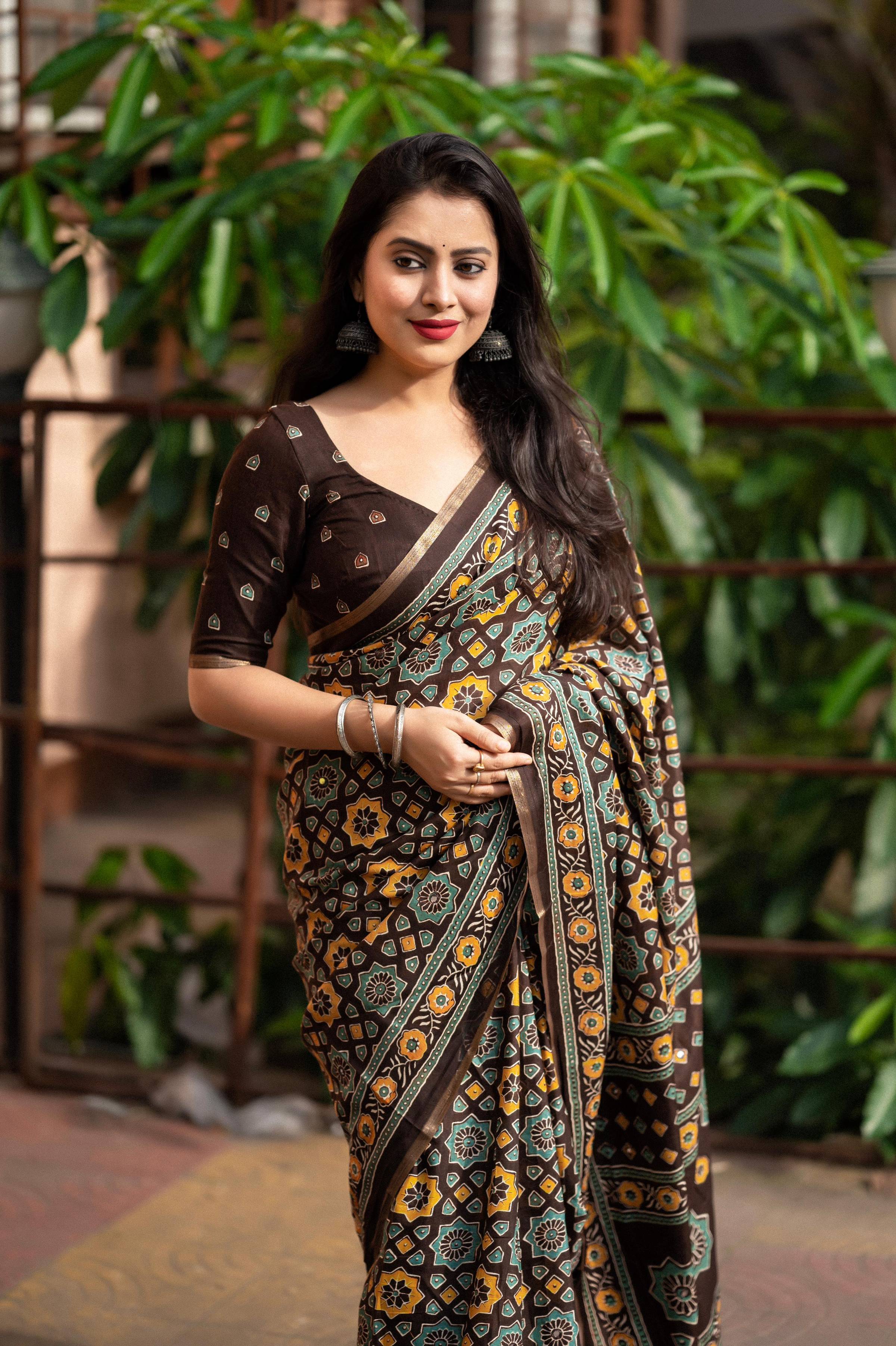 Coffee Cotton Blend Ajrak Saree with Unstitched Blouse Piece