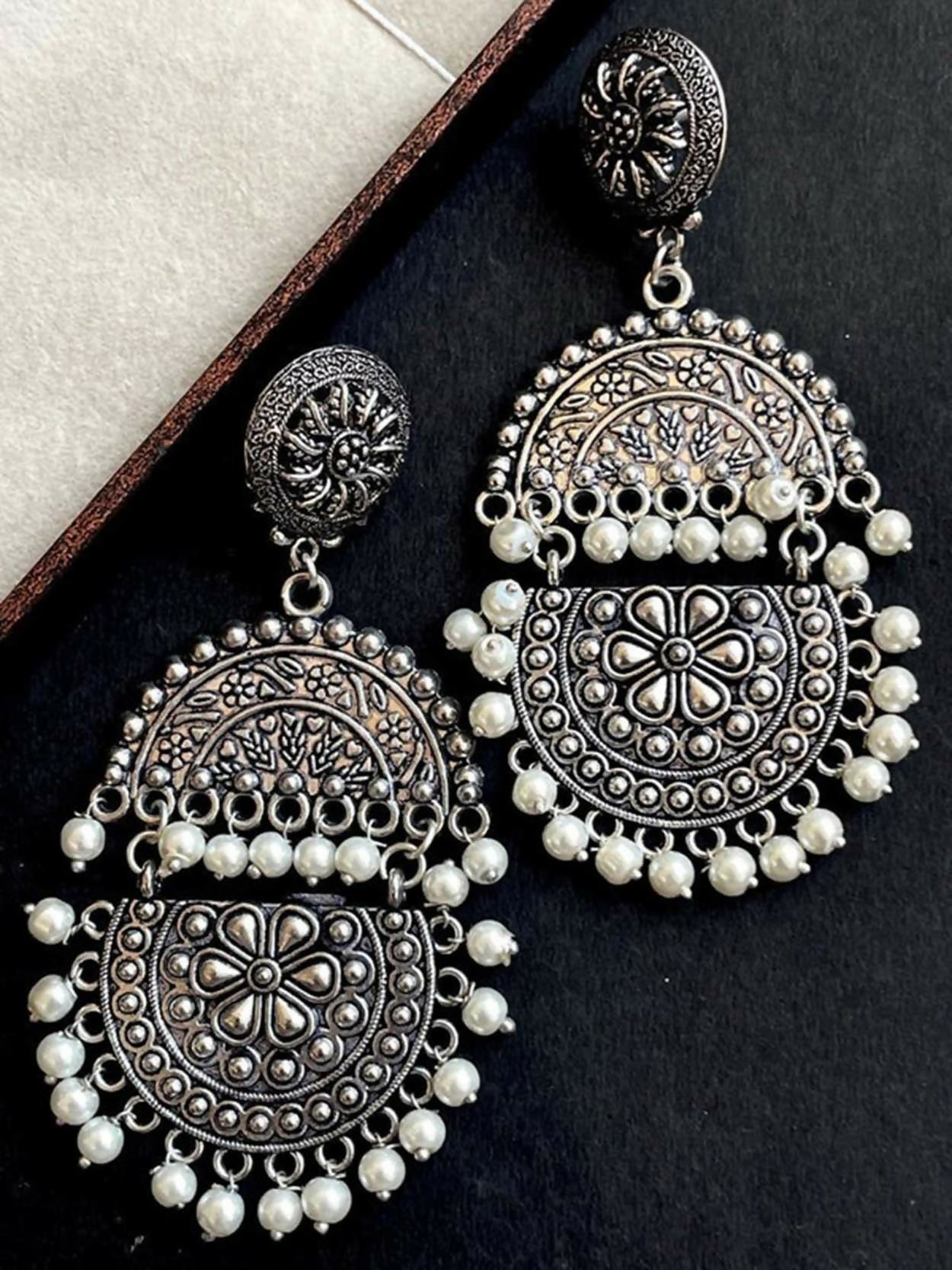 Double tier Chandbali oxidized brass earrings with traditional detailing