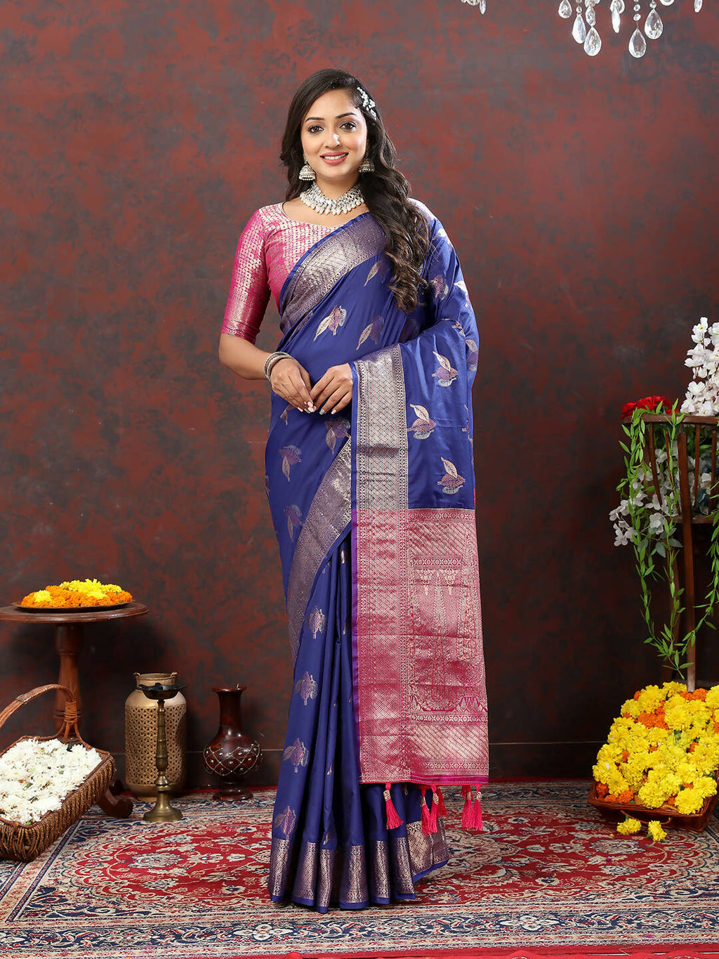 Navyblue soft silk saree with elegant zari weaving detail
