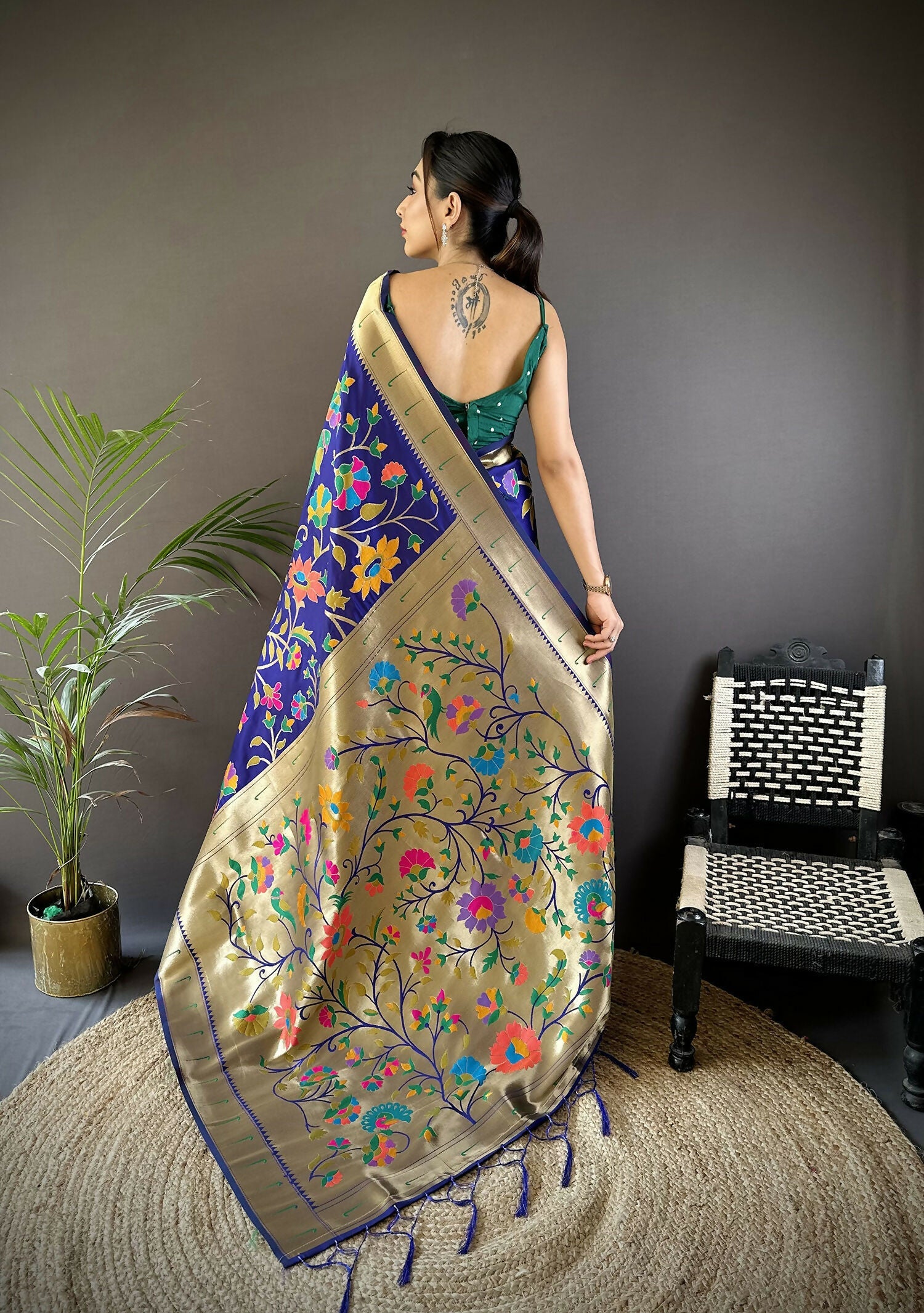 Blue Zari Woven Floral Motifs Soft Silk Paithani Saree