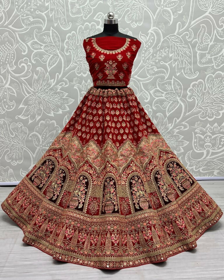 Red Velvet Wedding Lehenga Choli with Zircon Diamond Embroidery