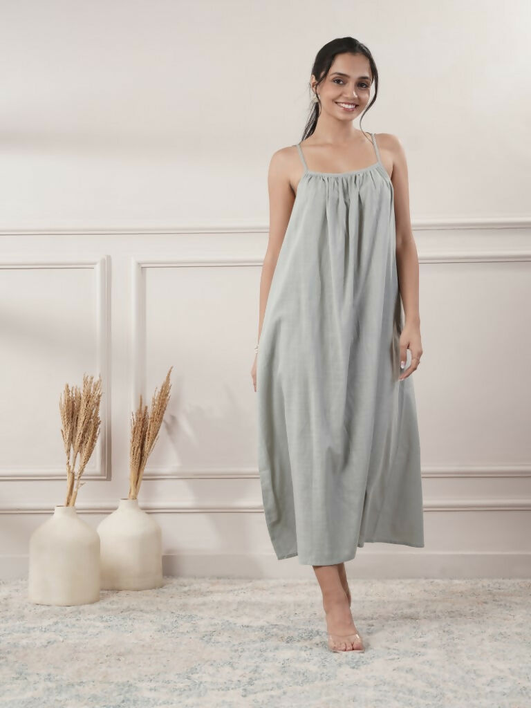 Minimalist grey sleeveless midi dress for women, solid color resort wear