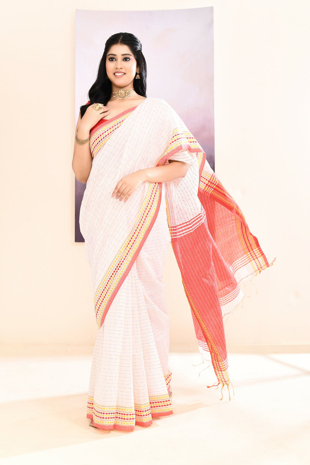 White Embellished Cotton Blend Jamdani Saree