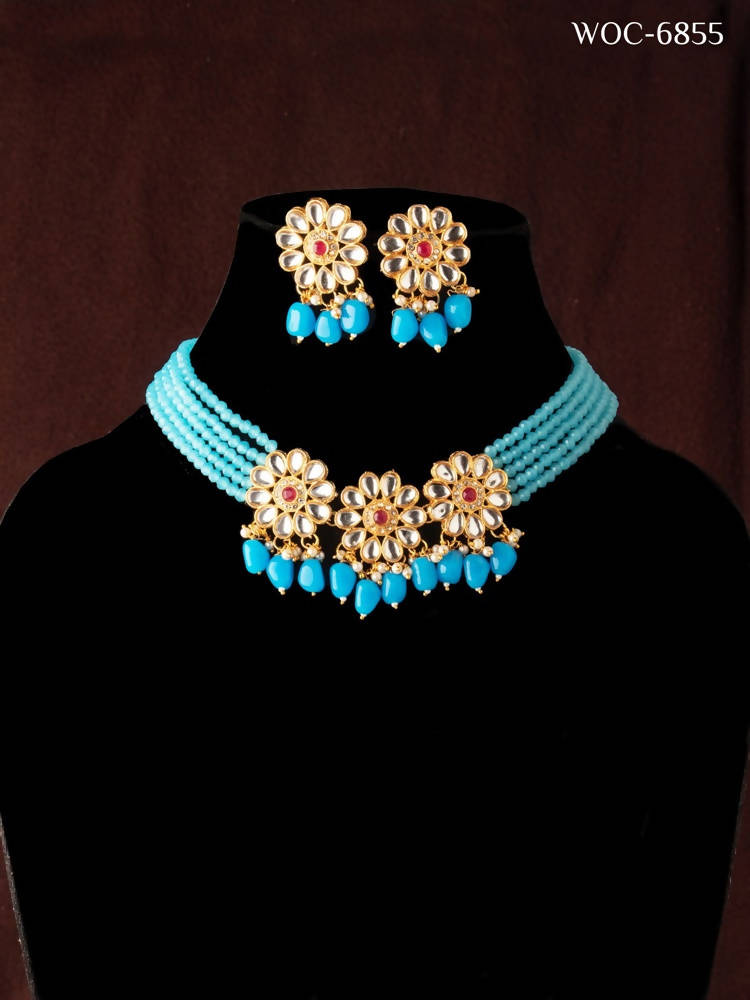 Sky Blue Beaded Pearl Gold-Polished Necklace Set for Women