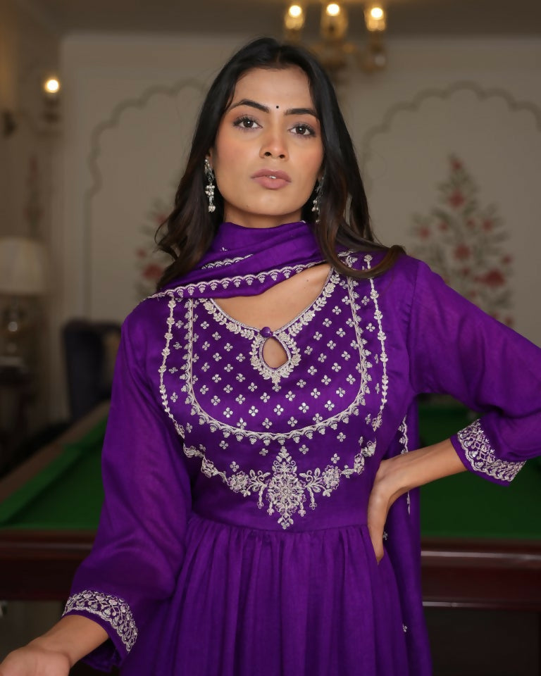 Purple Soft Silk Embroidered A-Line Designer Kurta Set