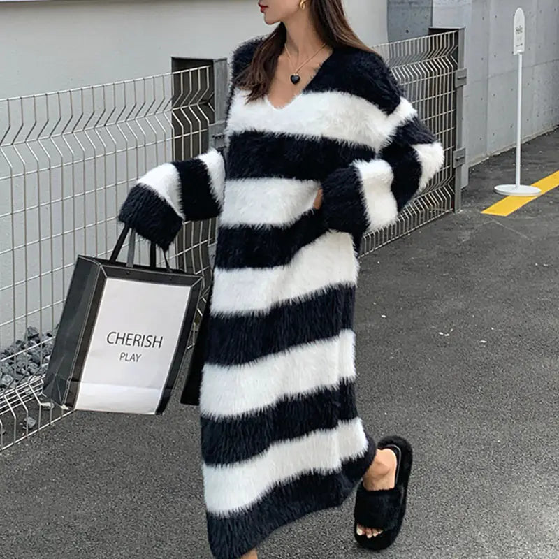 Women's Striped Long Fuzzy Knitted Pullover Sweater Dress - Image 2