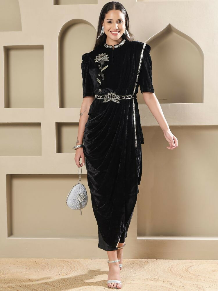 Black Velvet Hand Embellished Long Kurta Set
