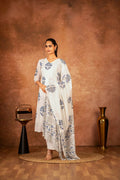 Model wearing an off-white and blue hand block printed cotton suit set