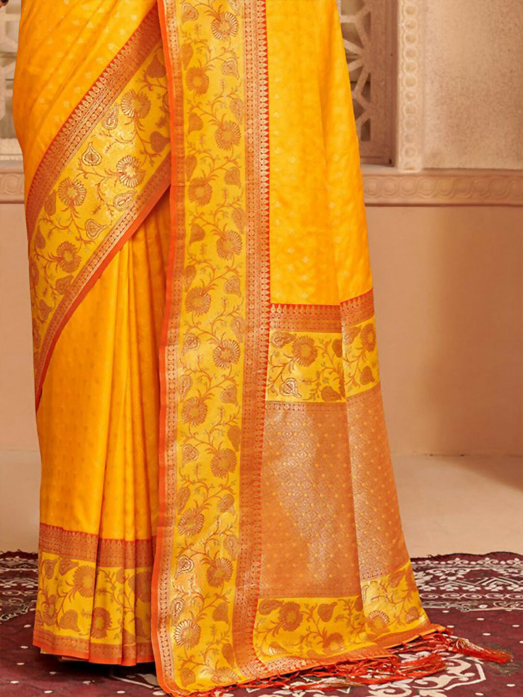 Yellow Silk Blend Saree with Red Contrast Blouse