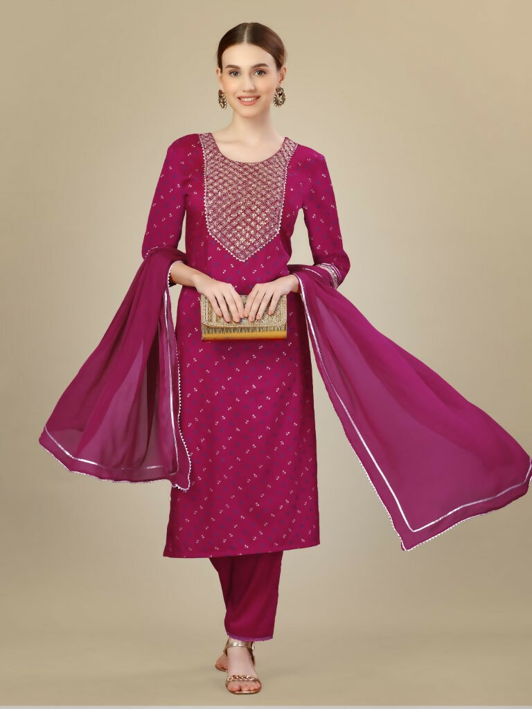 Women's Rani Pink Silk Blend Embroidered Straight Kurta Set