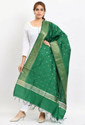 Deep green Banarsi silk dupatta for women with metallic gold woven patterns