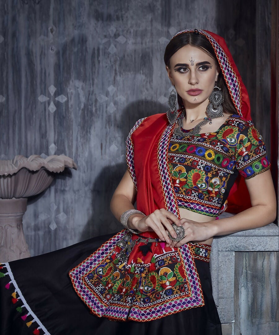 Black Art Silk Navratri Lehenga Choli with Multi Blouse & Red Dupatta