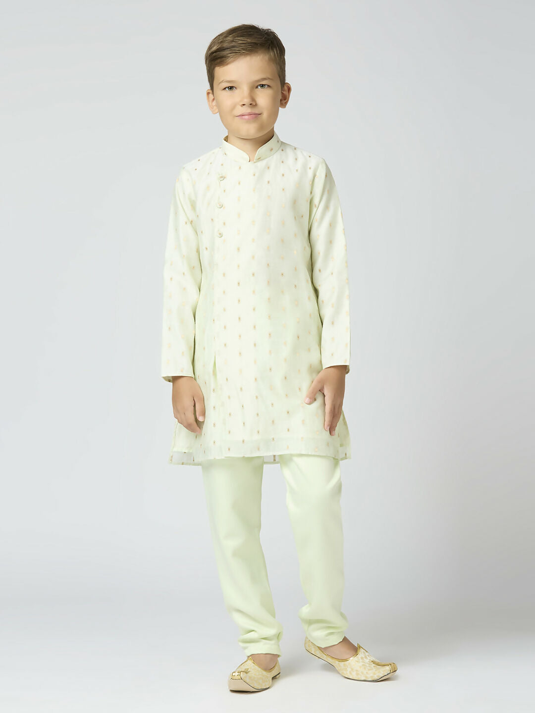 Boys Pista Chanderi Kurta and Pyjama Set with Traditional Butta